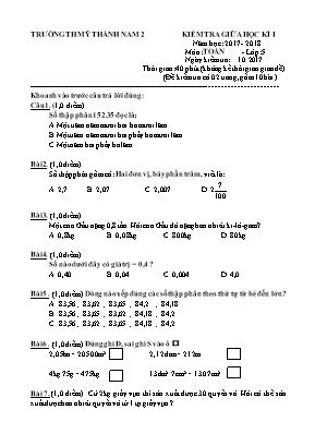 Đề kiểm tra Giữa học kỳ I môn Toán Lớp 5 - Năm học 2017-2018 - Trường Tiểu học Mỹ Thành Nam 2 (Có đáp án)